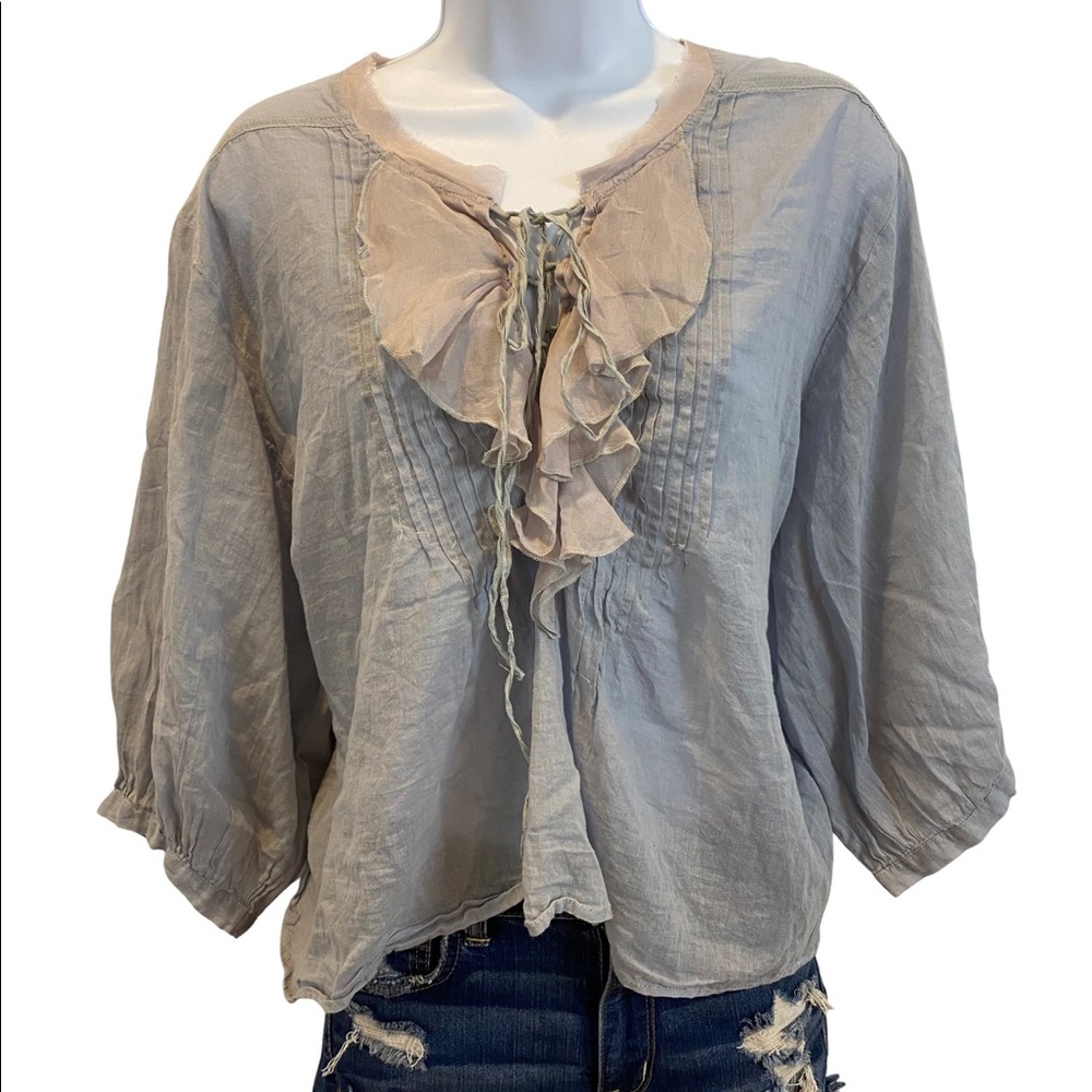 Free People FP One Ruffle Me Up Sheer Lace Up Blouse in baby blue size M / L